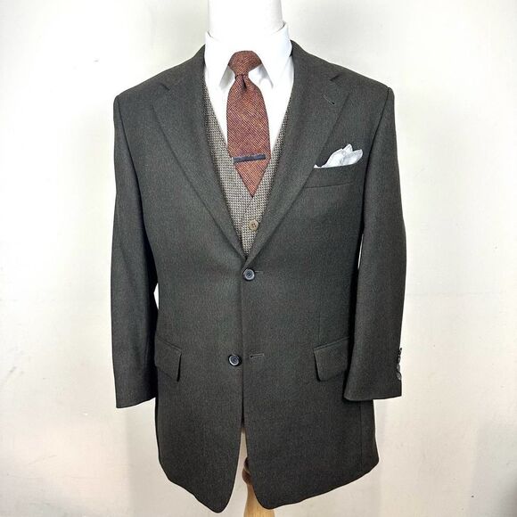 Hugo Boss Olive Windowpane Cashmere Blend‎ Tizian Blazer 44L Read - Picture 2 of 16